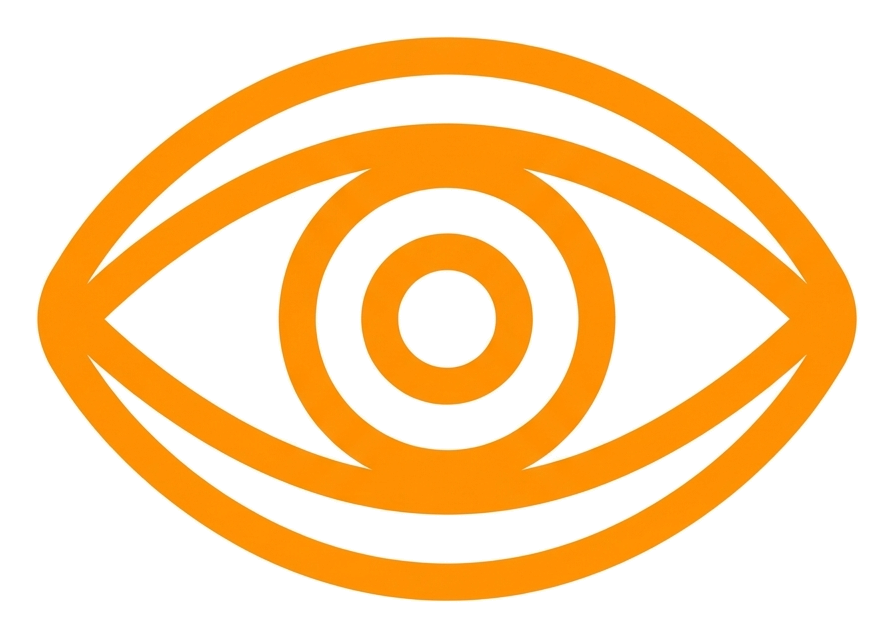 Rounded line icon, thick orange outline of an eye view icon, transparent background PNG