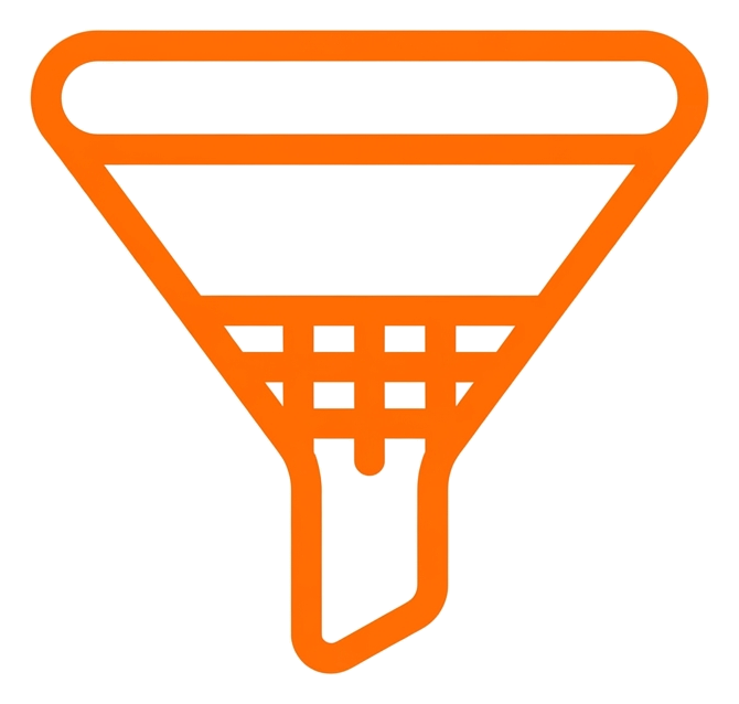 Rounded line icon, thick orange outline of a funnel filter icon, transparent background PNG