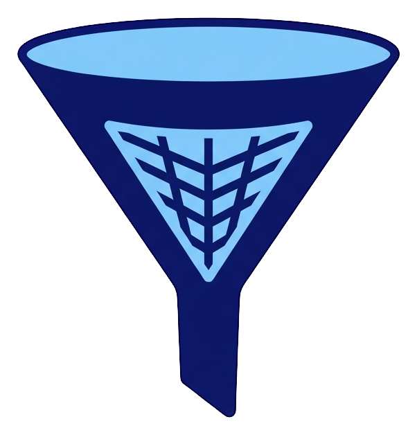 Duotone icon, navy blue and light blue of a funnel filter icon, transparent background PNG