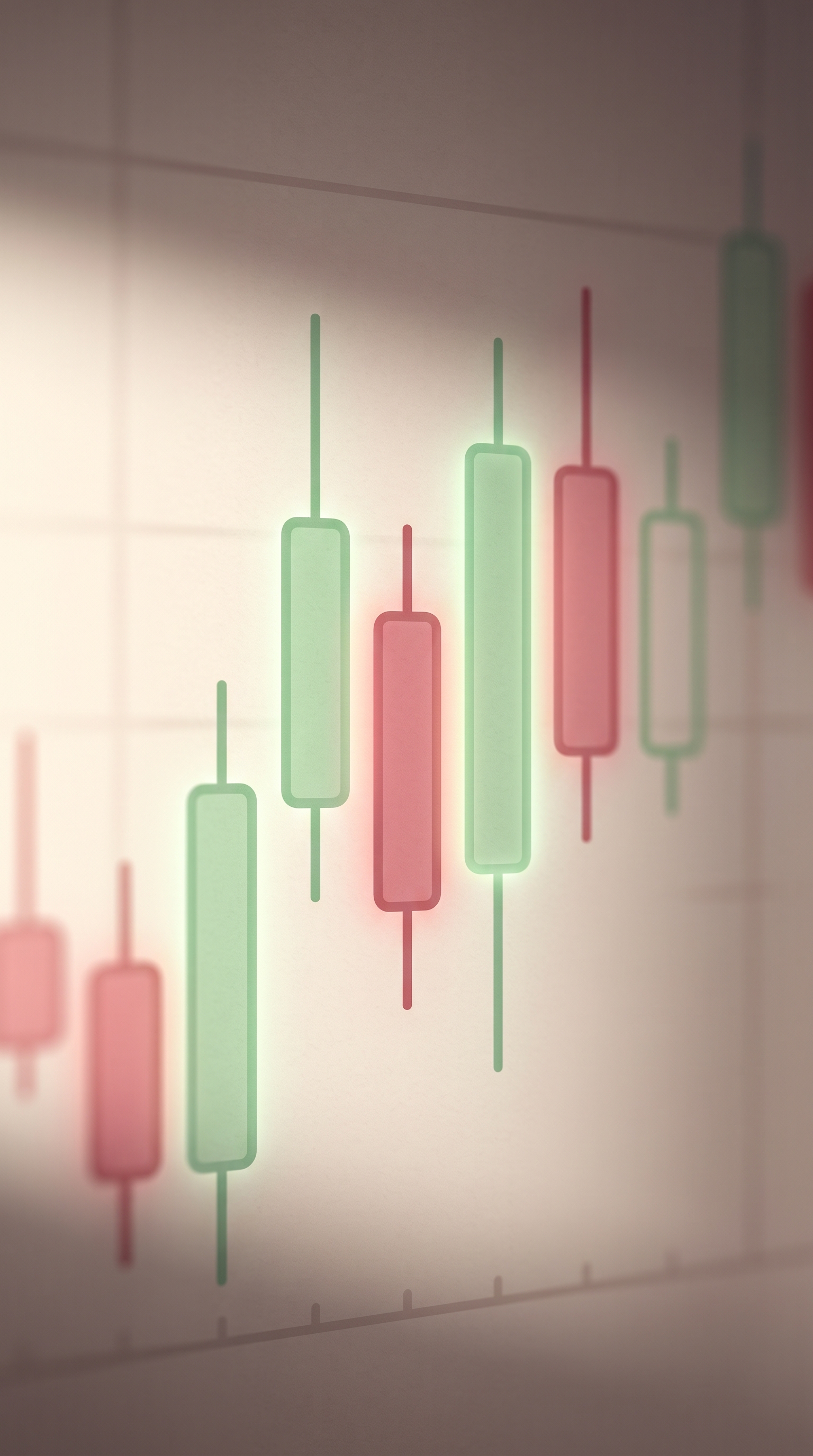 Minimal flat illustration of stock chart with red and green candles under dramatic lighting, close-up detail with shallow depth of field, soft pastel colors, bright and cozy, 9:16 aspect ratio
