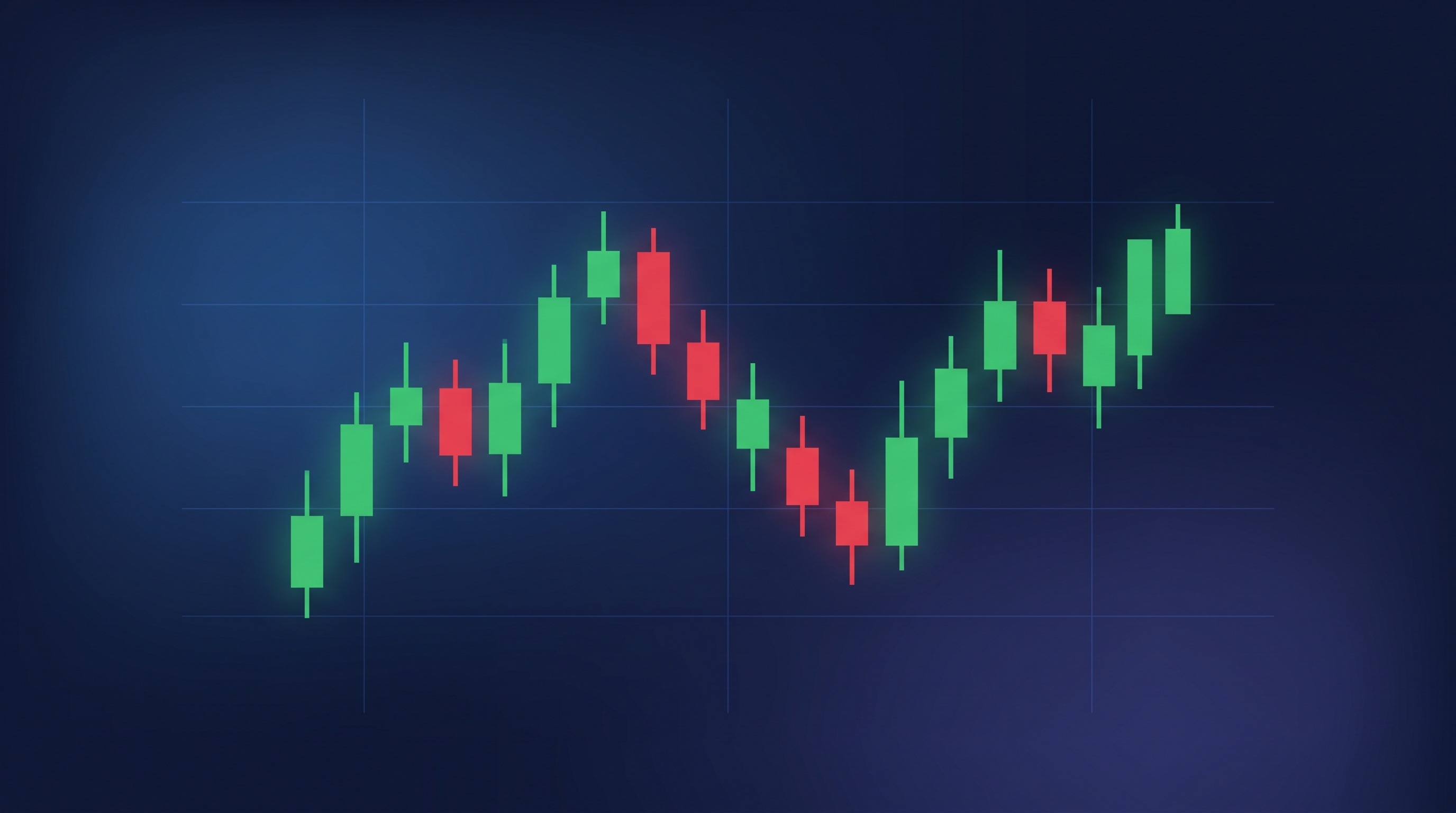 Minimal flat illustration of stock chart with red and green candles under dramatic lighting, centered subject with a simple uncluttered composition, cool blue tones, quiet atmosphere, 16:9 aspect ratio