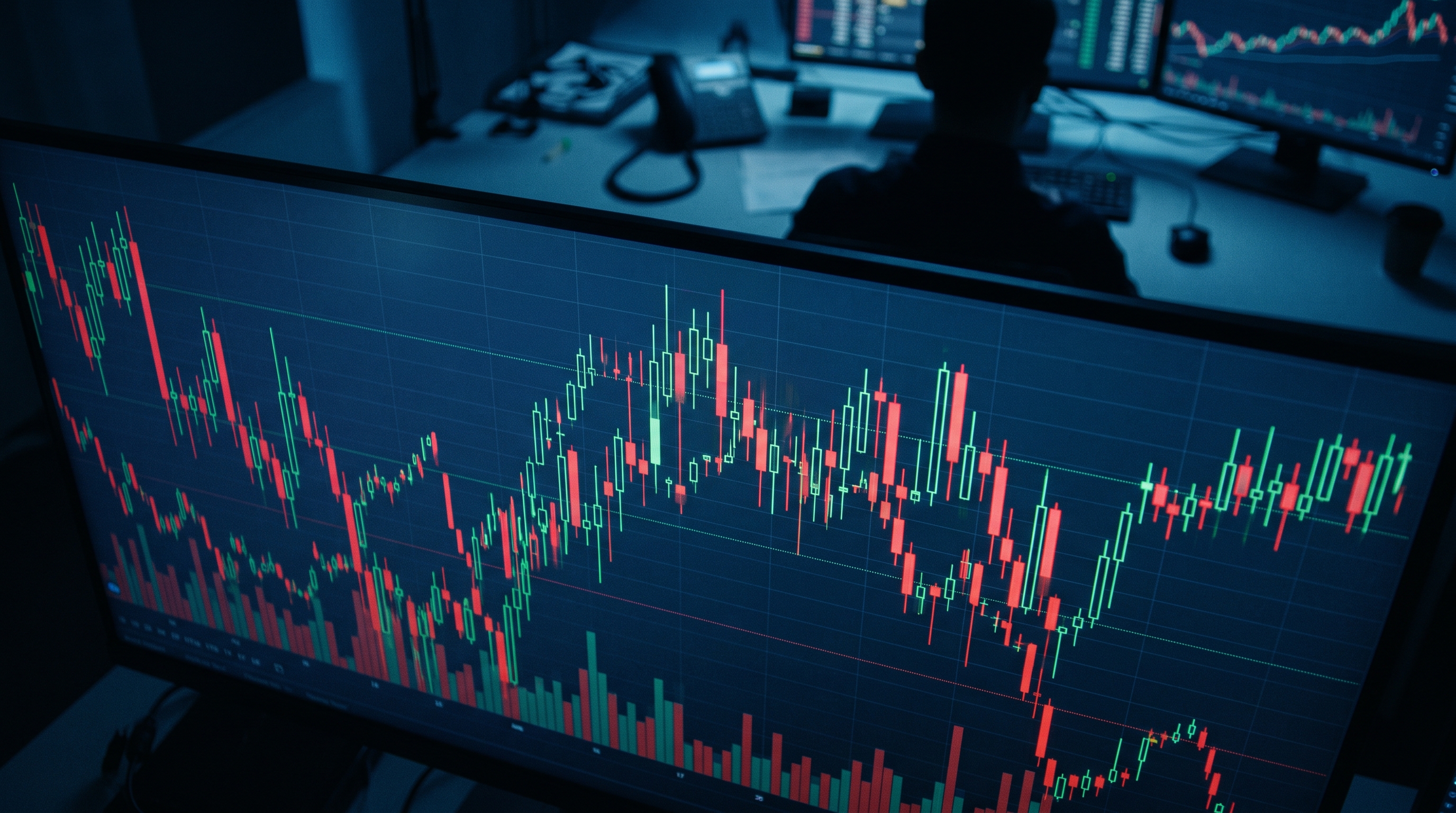 Cinematic film still of stock chart with red and green candles under dramatic lighting, high-angle view from above, cool blue tones, quiet atmosphere, 16:9 aspect ratio