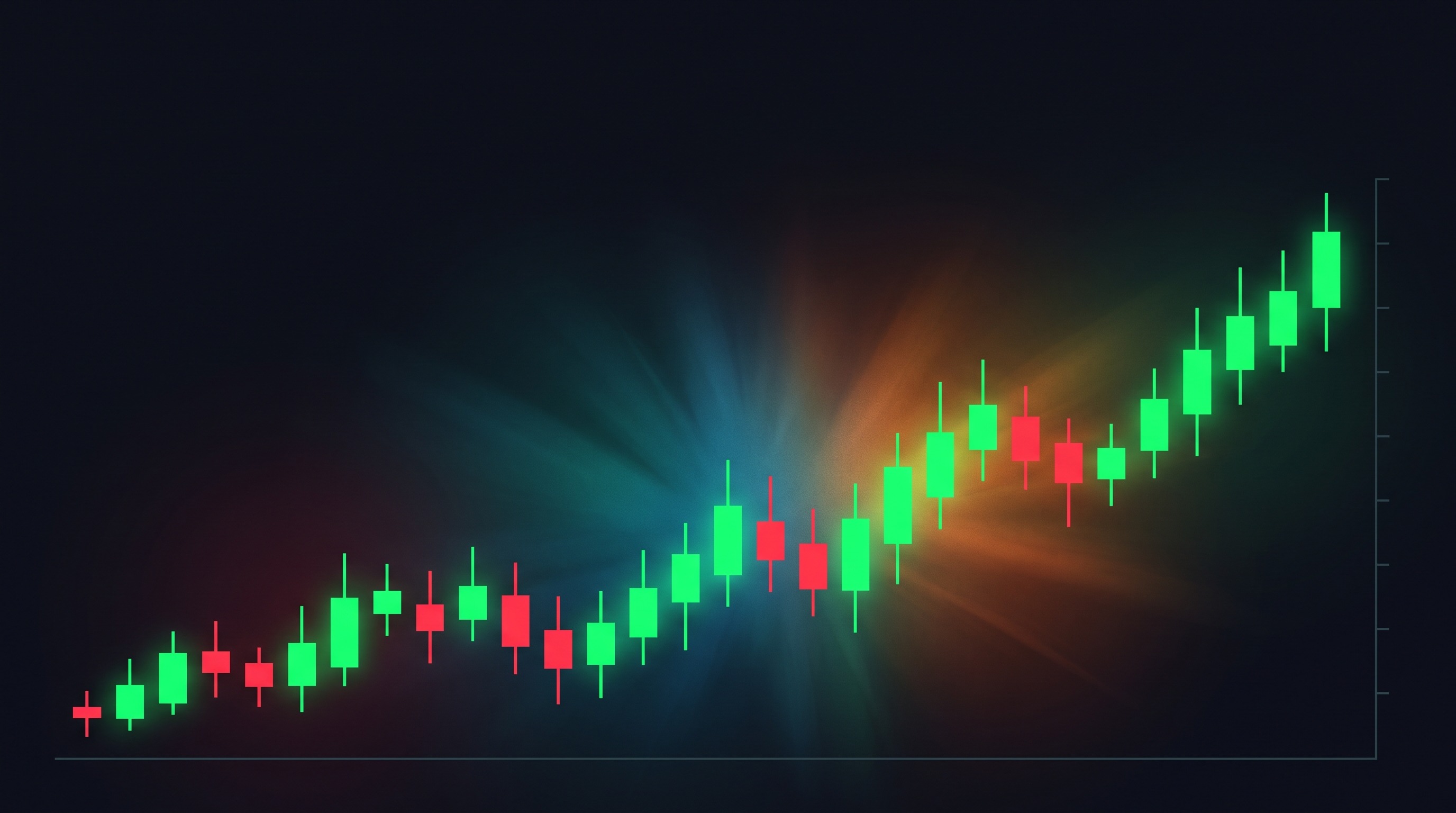 Minimal flat illustration of stock chart with red and green candles under dramatic lighting, wide shot with open space at the top for text, vivid colors, high contrast, energetic, 16:9 aspect ratio