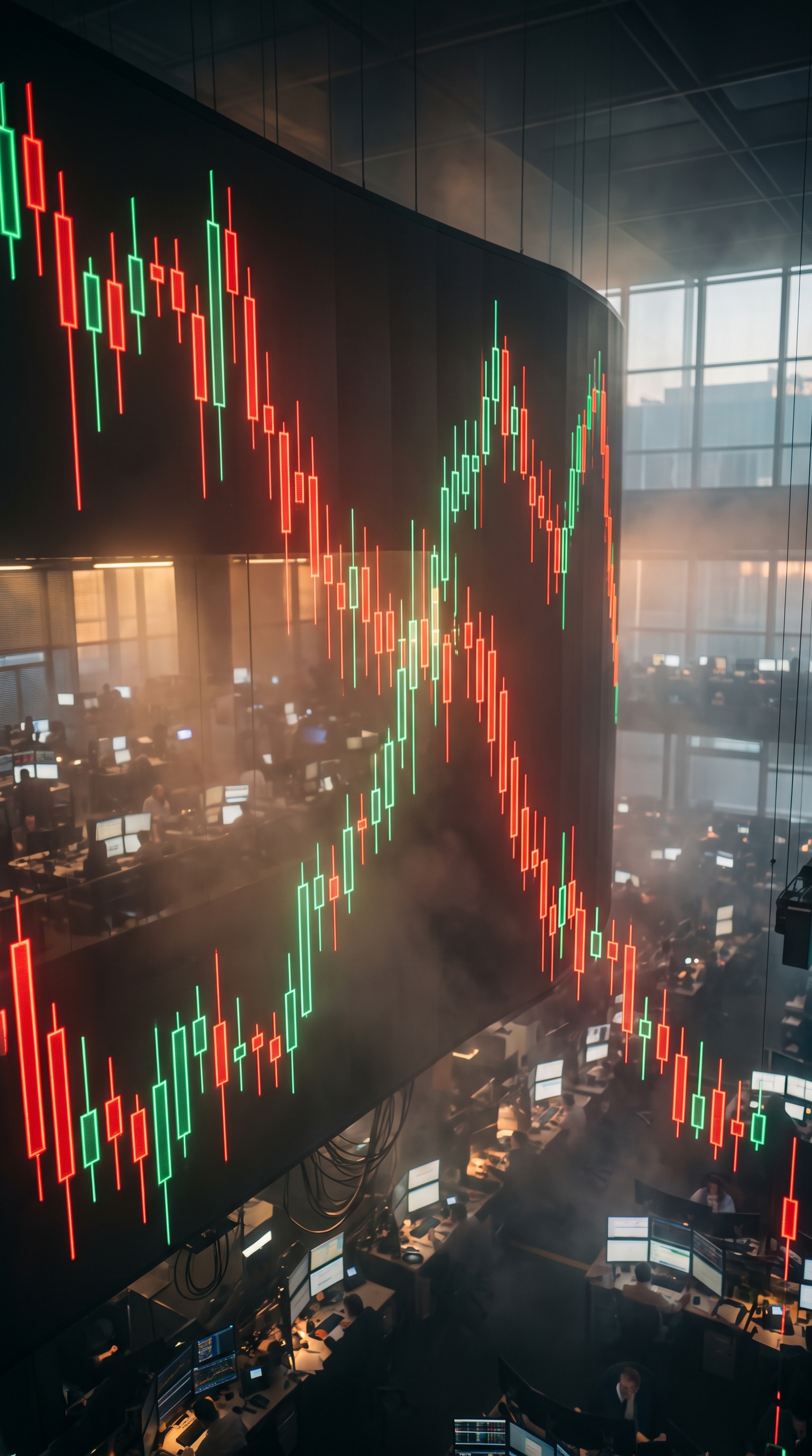 Photorealistic photo of stock chart with red and green candles under dramatic lighting, high-angle view from above, misty morning haze, dreamy, 9:16 aspect ratio