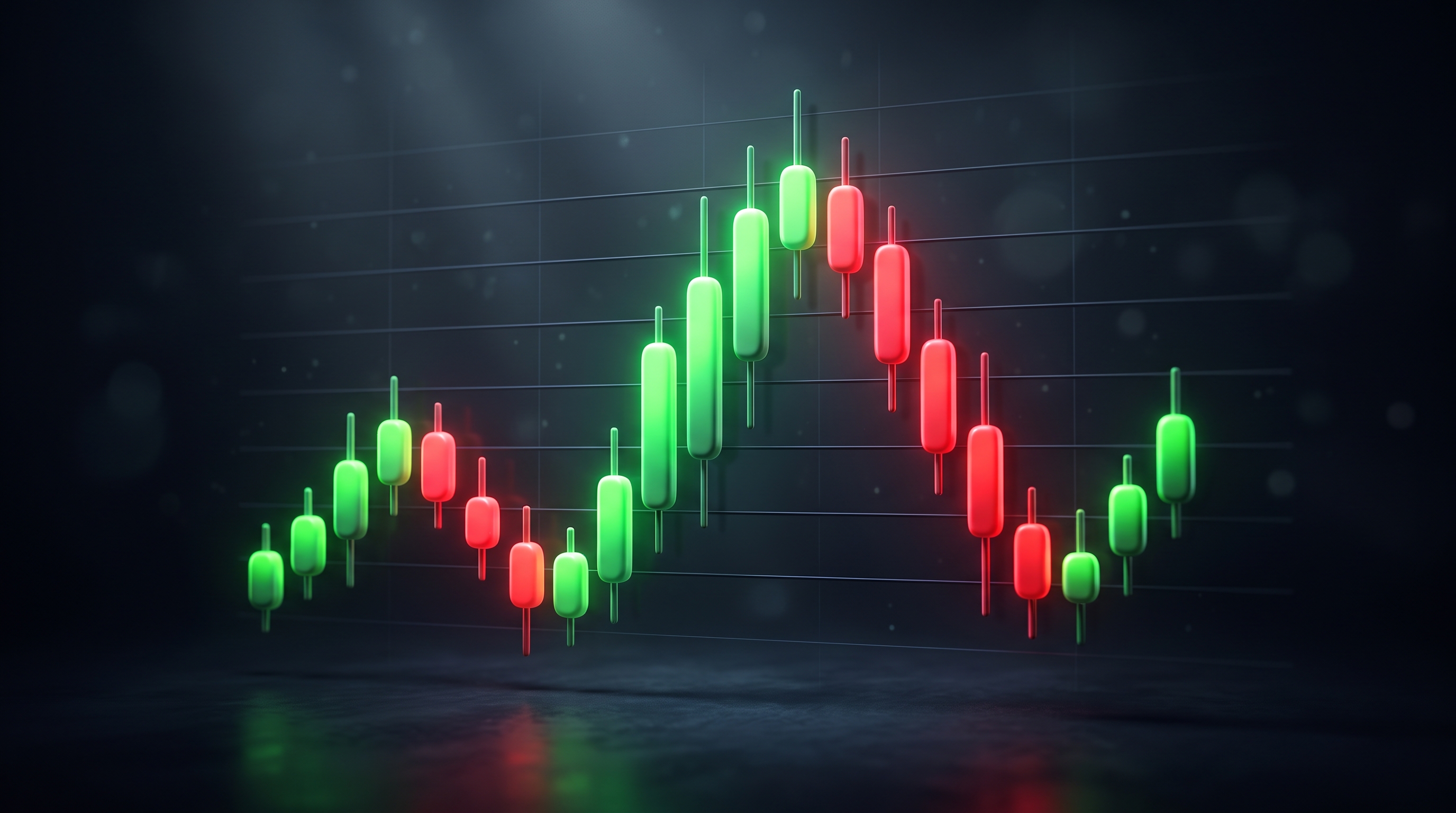 Soft 3d render of stock chart with red and green candles under dramatic lighting, centered subject with a simple uncluttered composition, vivid colors, high contrast, energetic, 16:9 aspect ratio