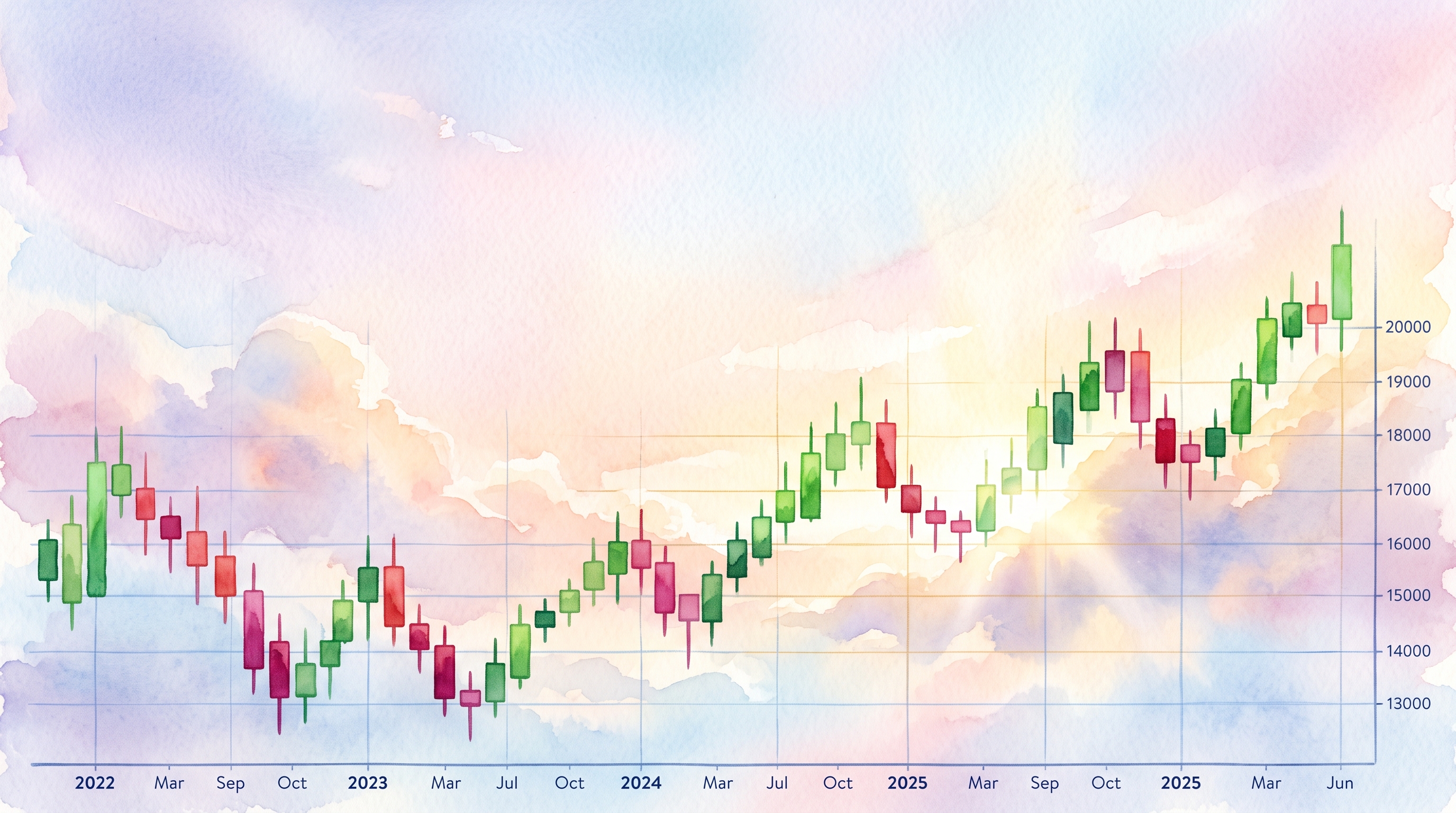 Watercolor illustration of stock chart with red and green candles under dramatic lighting, wide shot with open space at the top for text, soft pastel colors, bright and cozy, 16:9 aspect ratio