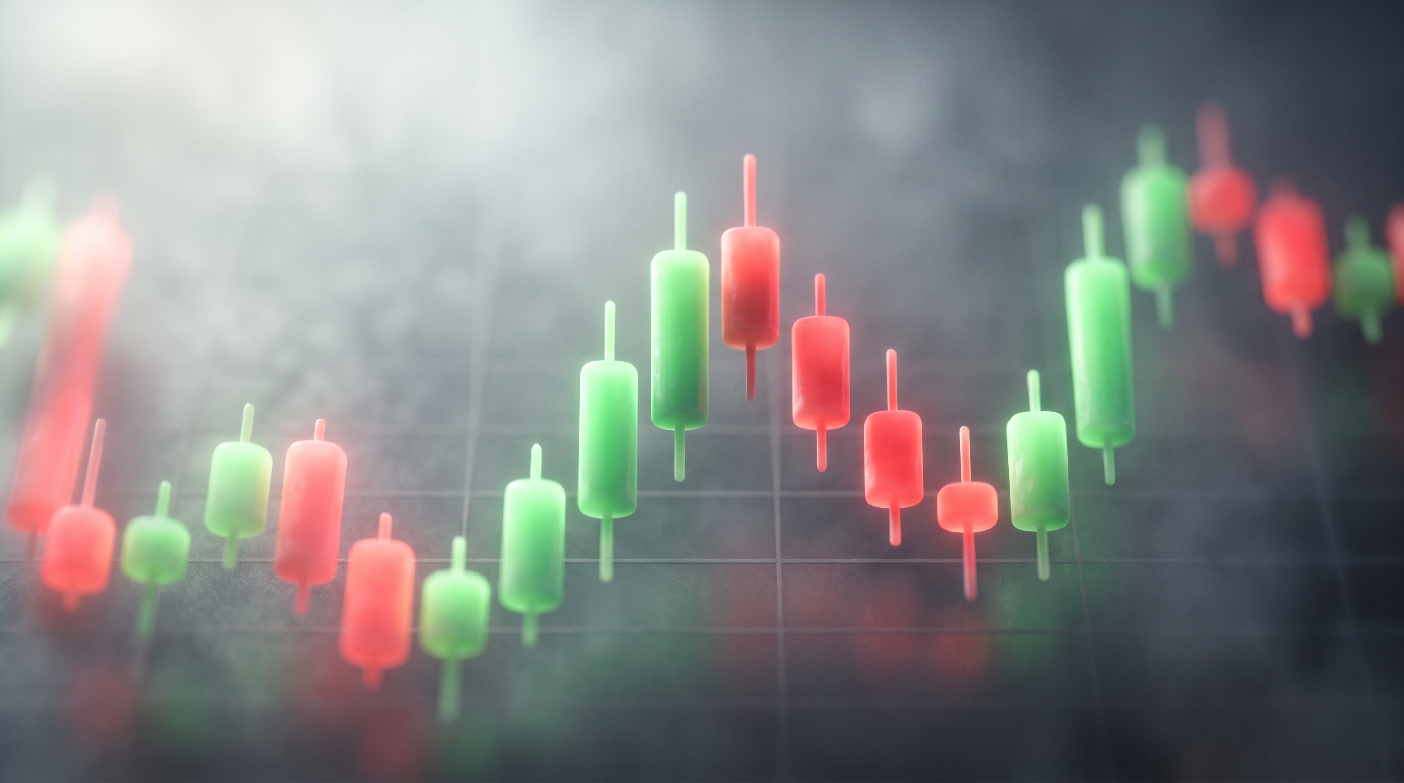 Soft 3d render of stock chart with red and green candles under dramatic lighting, close-up detail with shallow depth of field, misty morning haze, dreamy, 16:9 aspect ratio