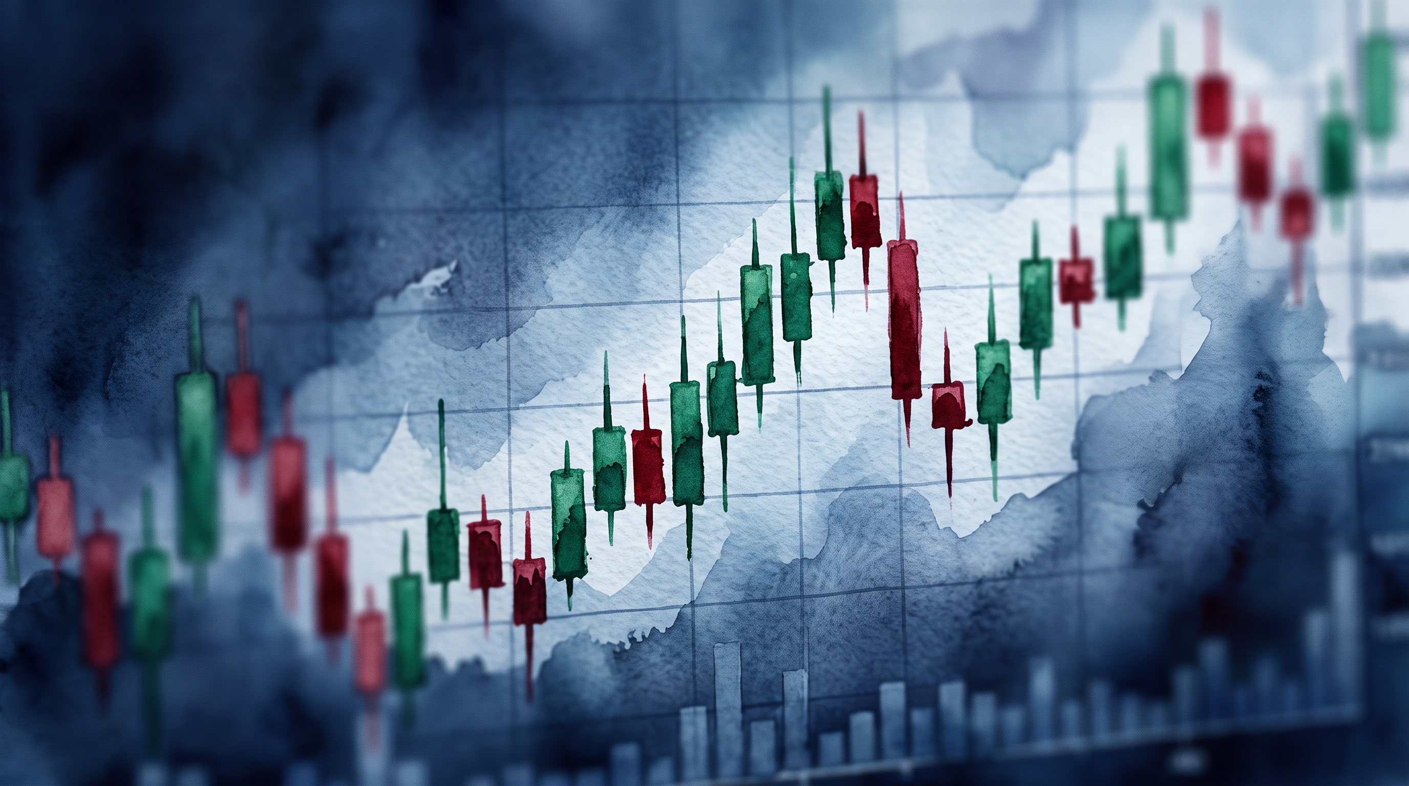 Watercolor illustration of stock chart with red and green candles under dramatic lighting, close-up detail with shallow depth of field, cool blue tones, quiet atmosphere, 16:9 aspect ratio