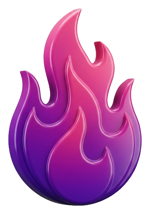 Glossy 3D render, purple and pink gradient of a burning flame icon, transparent background PNG