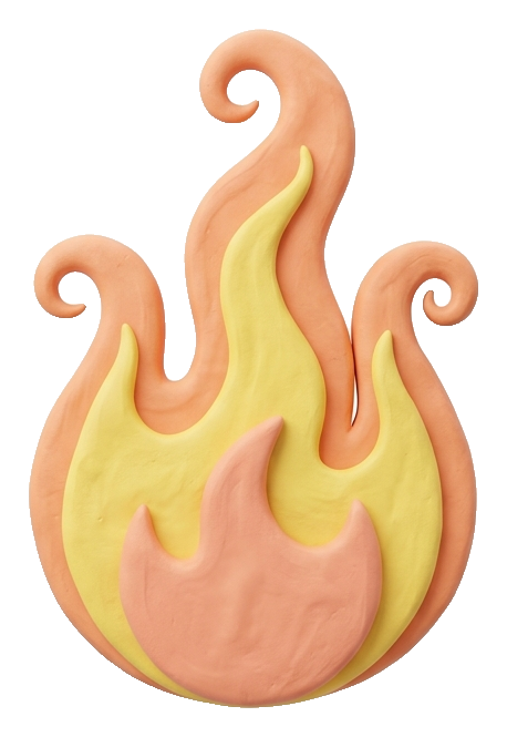 Clay 3D render, pastel of a burning flame icon, transparent background PNG