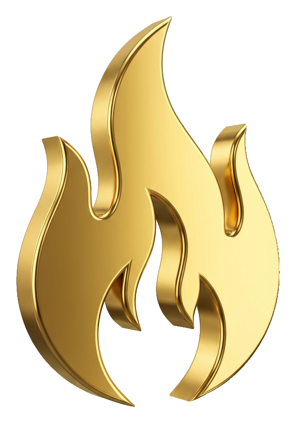 Shiny 3D render, gold metallic finish of a burning flame icon, transparent background PNG