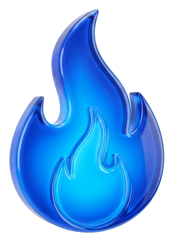 Glossy 3D render, blue flame of a burning flame icon, transparent background PNG