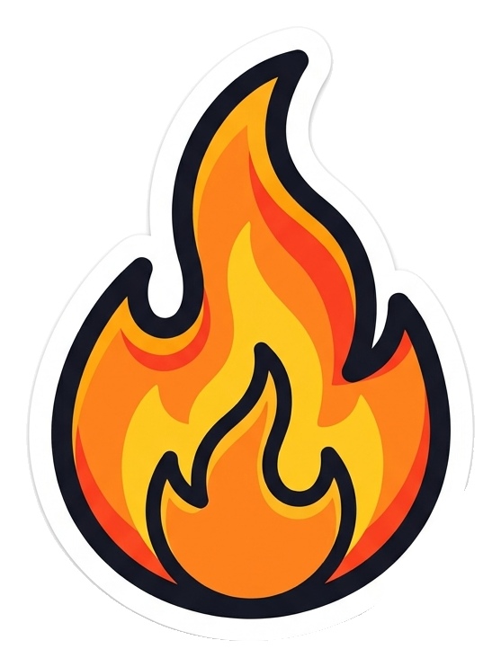 Cute sticker style with a thick dark outline of a burning flame icon, transparent background PNG