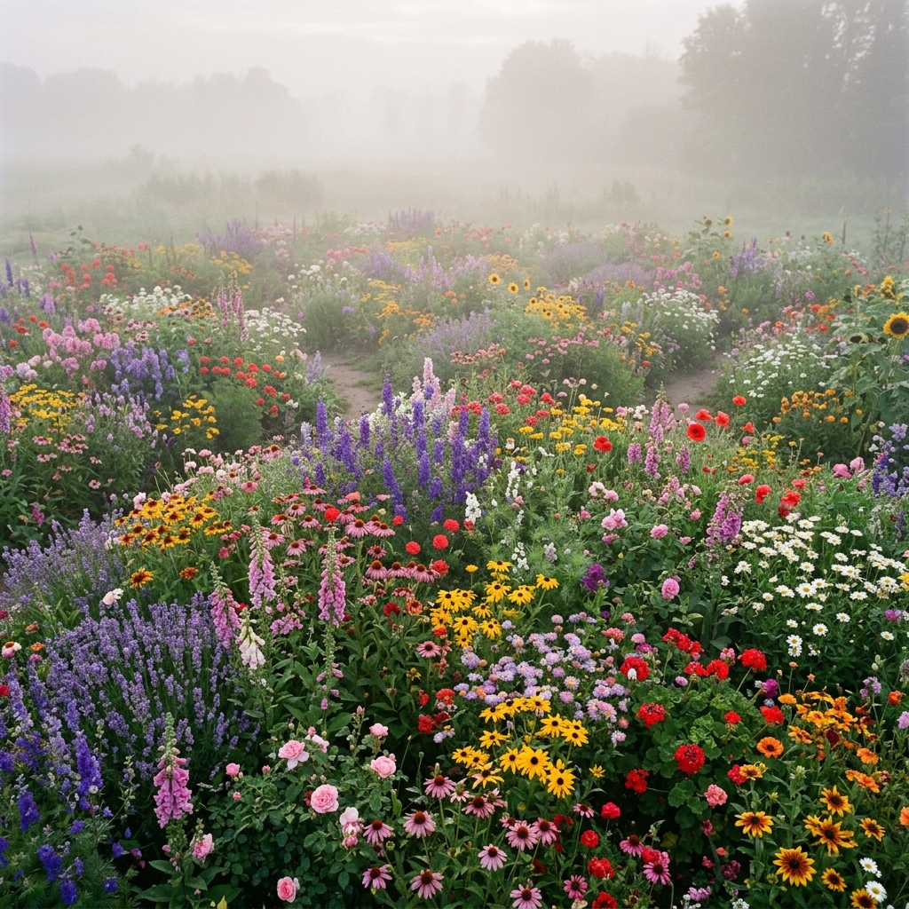 Photorealistic photo of colorful flowers, high-angle view from above, misty morning haze, dreamy, 1:1 aspect ratio