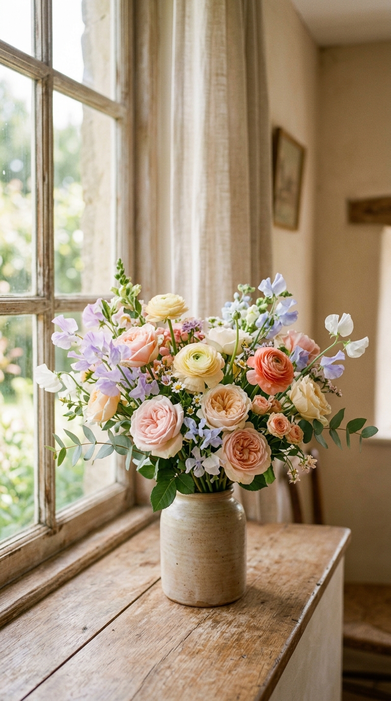Cinematic film still of colorful flowers, centered subject with a simple uncluttered composition, soft pastel colors, bright and cozy, 9:16 aspect ratio