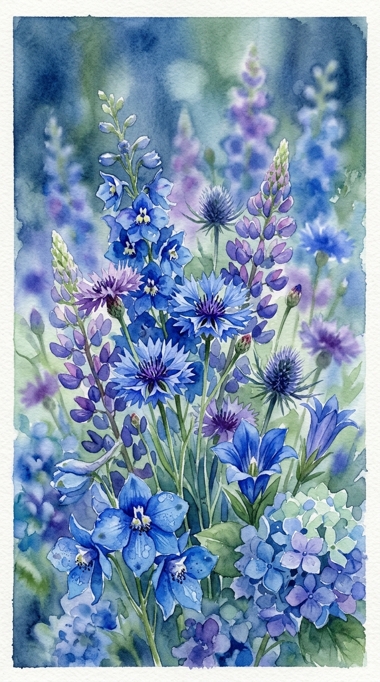 Watercolor illustration of colorful flowers, close-up detail with shallow depth of field, cool blue tones, quiet atmosphere, 9:16 aspect ratio