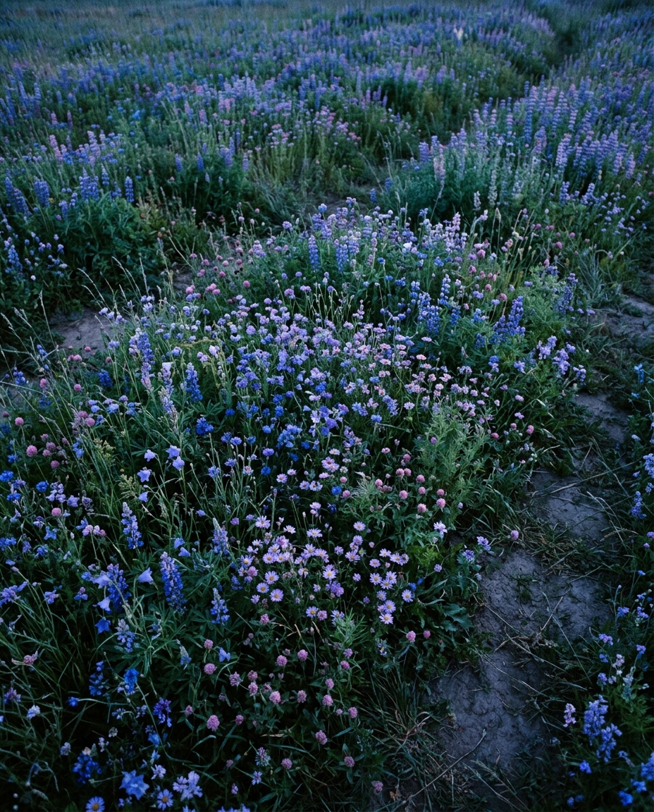 Cinematic film still of colorful flowers, high-angle view from above, cool blue tones, quiet atmosphere, 4:5 aspect ratio