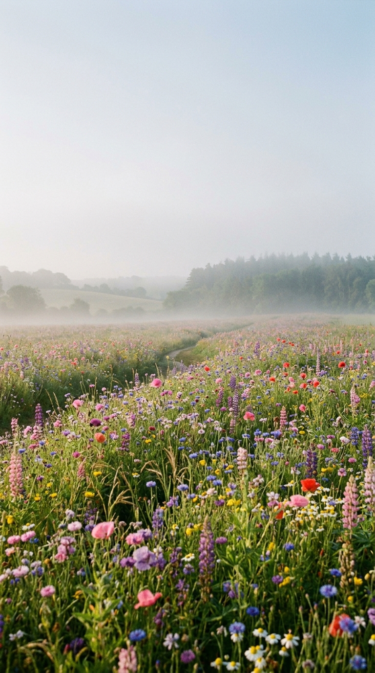 Cinematic film still of colorful flowers, wide shot with open space at the top for text, misty morning haze, dreamy, 9:16 aspect ratio