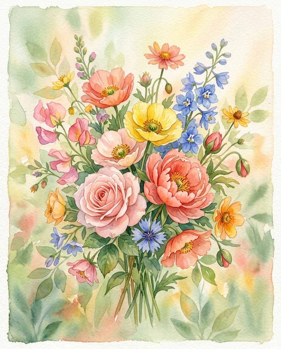 Watercolor illustration of colorful flowers, centered subject with a simple uncluttered composition, warm golden light, calm mood, 4:5 aspect ratio