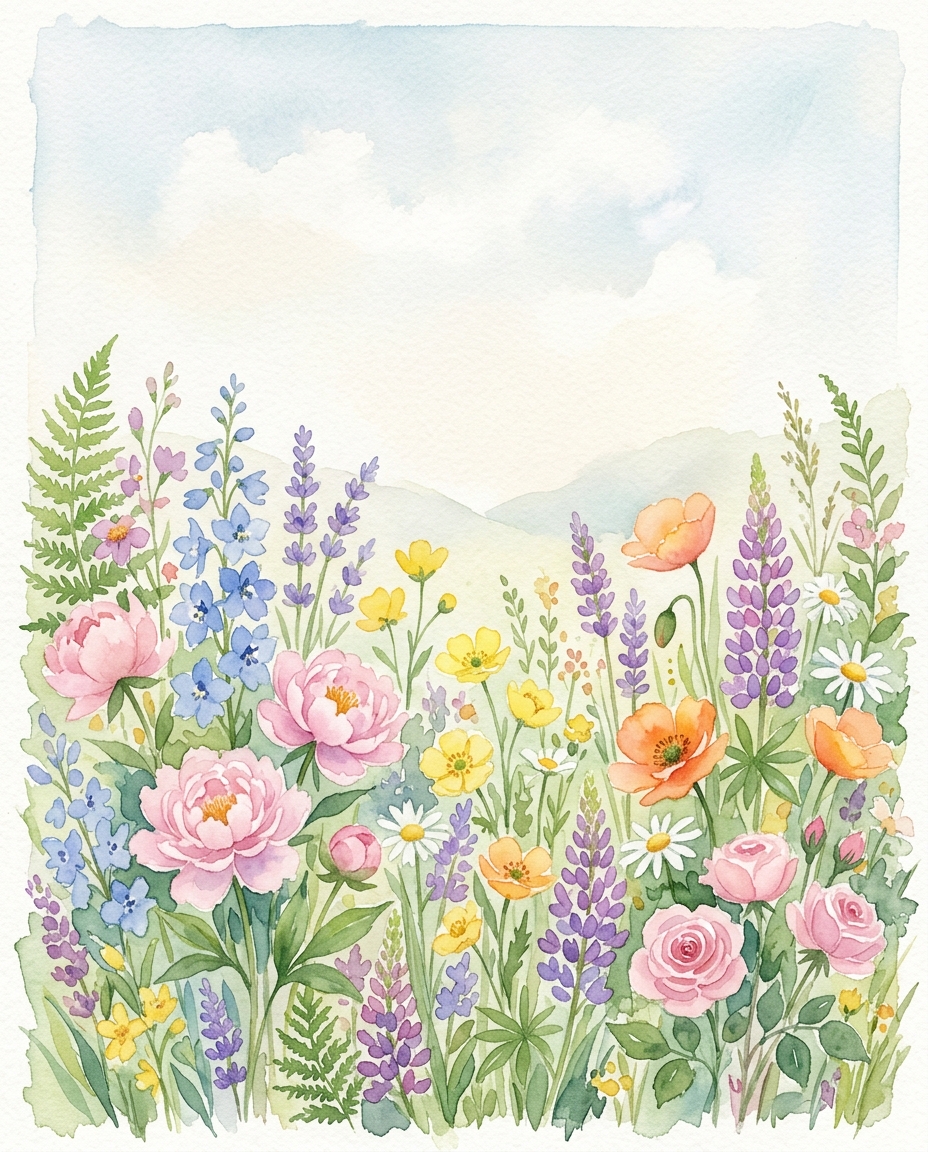 Watercolor illustration of colorful flowers, wide shot with open space at the top for text, soft pastel colors, bright and cozy, 4:5 aspect ratio