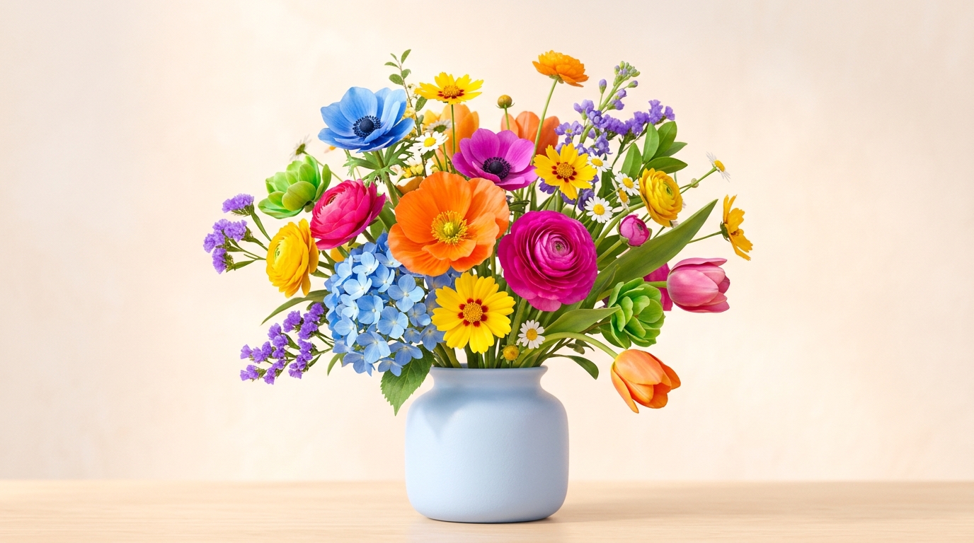 Soft 3d render of colorful flowers, centered subject with a simple uncluttered composition, vivid colors, high contrast, energetic, 16:9 aspect ratio