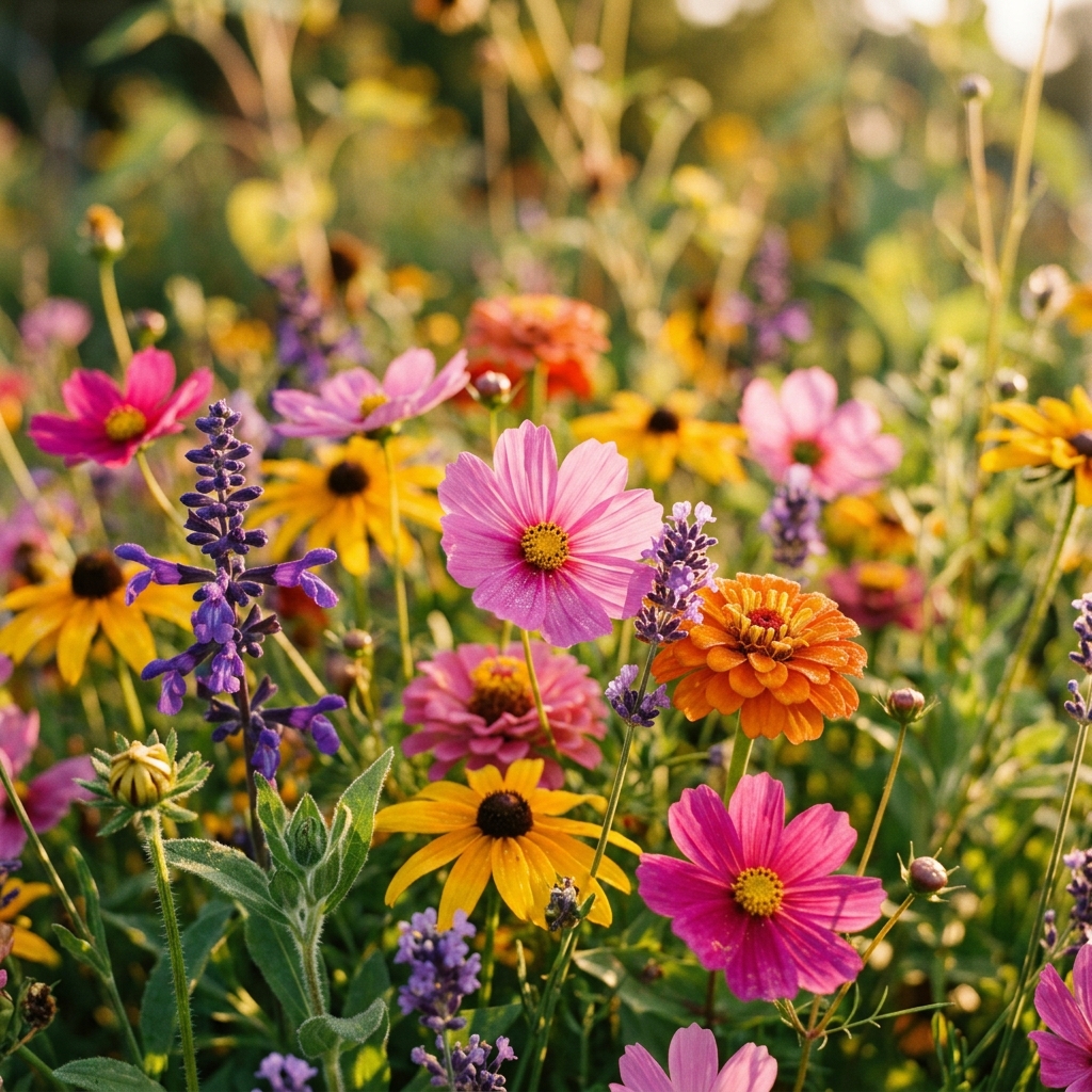 Photorealistic photo of colorful flowers, close-up detail with shallow depth of field, warm golden light, calm mood, 1:1 aspect ratio