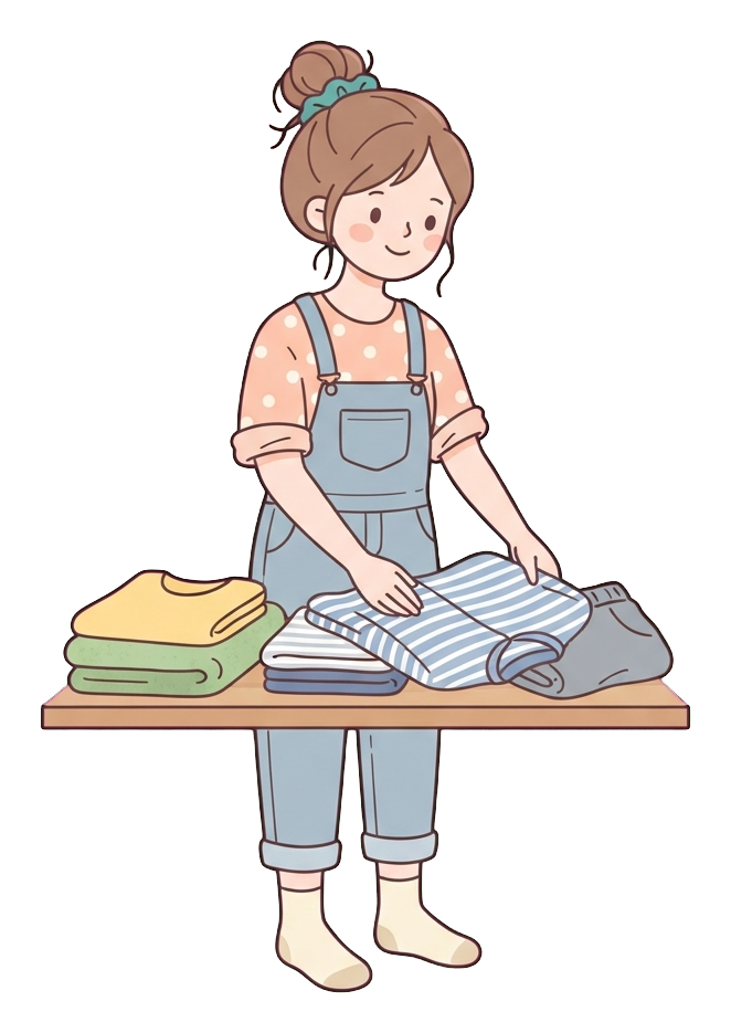 Simple cute flat cartoon illustration with soft pastel colors and thin clean dark outlines of a young woman, person folding laundry into neat piles, transparent background PNG
