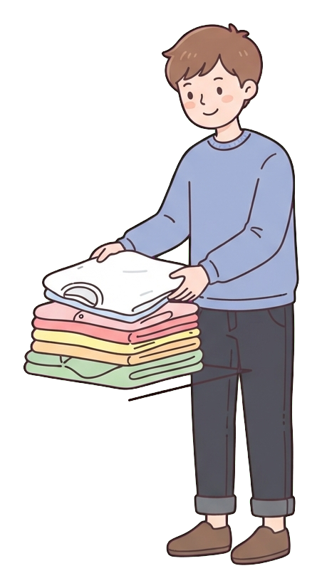 Simple cute flat cartoon illustration with soft pastel colors and thin clean dark outlines of a young man, person folding laundry into neat piles, transparent background PNG