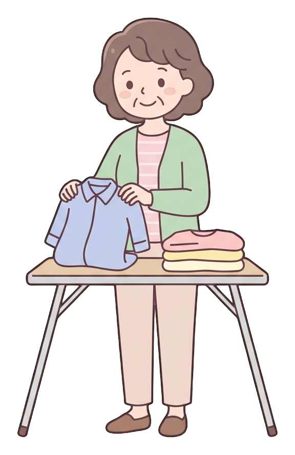 Simple cute flat cartoon illustration with soft pastel colors and thin clean dark outlines of a middle-aged woman, person folding laundry into neat piles, transparent background PNG