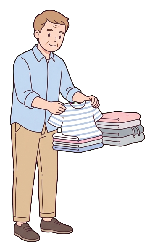Simple cute flat cartoon illustration with soft pastel colors and thin clean dark outlines of a middle-aged man, person folding laundry into neat piles, transparent background PNG