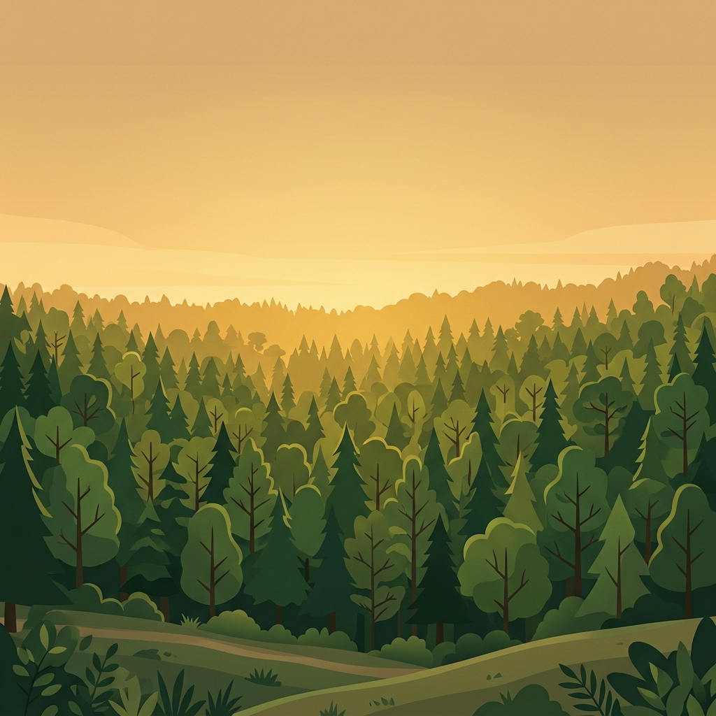 Minimal flat illustration of dense green forest, wide shot with open space at the top for text, warm golden light, calm mood, 1:1 aspect ratio