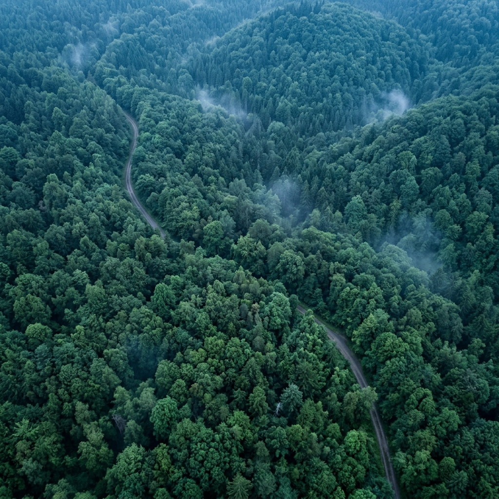 Photorealistic photo of dense green forest, high-angle view from above, cool blue tones, quiet atmosphere, 1:1 aspect ratio