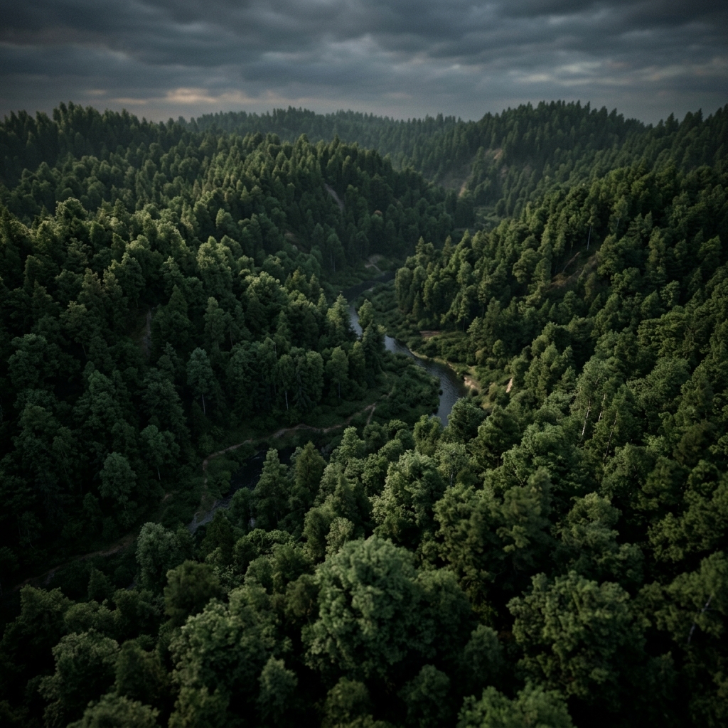 Soft 3d render of dense green forest, high-angle view from above, moody dark tones, dramatic lighting, 1:1 aspect ratio