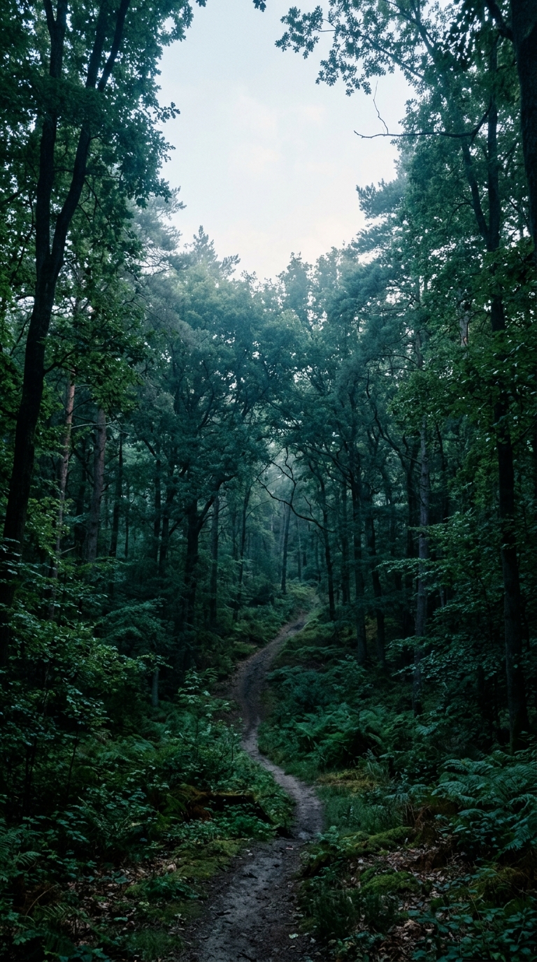 Cinematic film still of dense green forest, wide shot with open space at the top for text, cool blue tones, quiet atmosphere, 9:16 aspect ratio