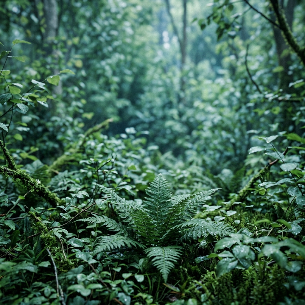 Soft 3d render of dense green forest, close-up detail with shallow depth of field, cool blue tones, quiet atmosphere, 1:1 aspect ratio