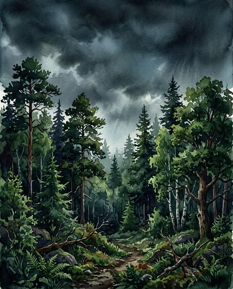 Watercolor illustration of dense green forest, wide shot with open space at the top for text, moody dark tones, dramatic lighting, 4:5 aspect ratio