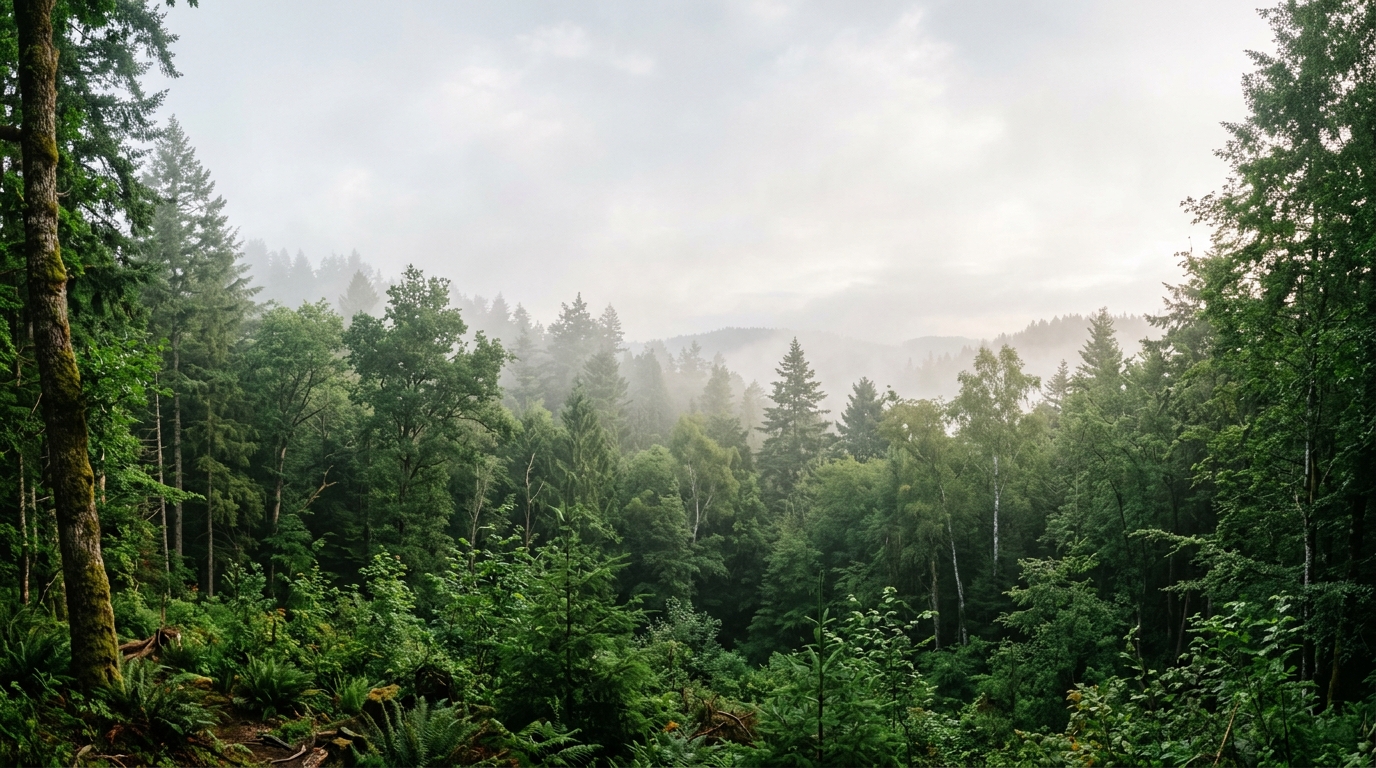 Photorealistic photo of dense green forest, wide shot with open space at the top for text, misty morning haze, dreamy, 16:9 aspect ratio