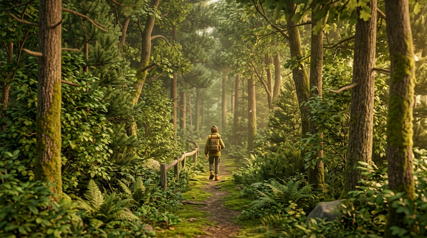 Soft 3d render of dense green forest, centered subject with a simple uncluttered composition, warm golden light, calm mood, 16:9 aspect ratio