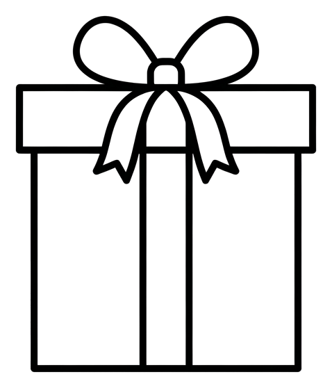Thin black line icon, minimal outline of a gift box with a ribbon icon, transparent background PNG