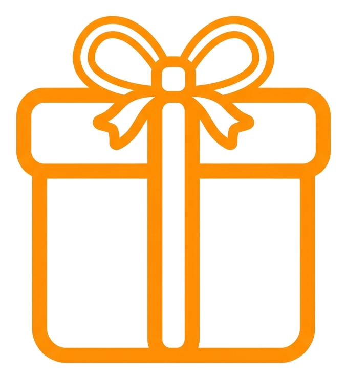 Rounded line icon, thick orange outline of a gift box with a ribbon icon, transparent background PNG