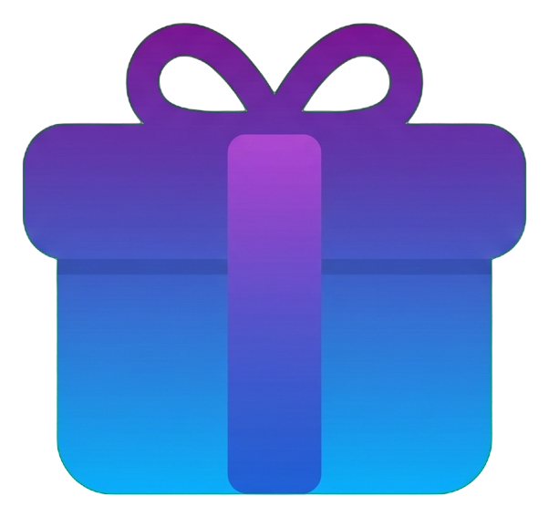 Gradient app-style icon, purple to blue gradient of a gift box with a ribbon icon, transparent background PNG
