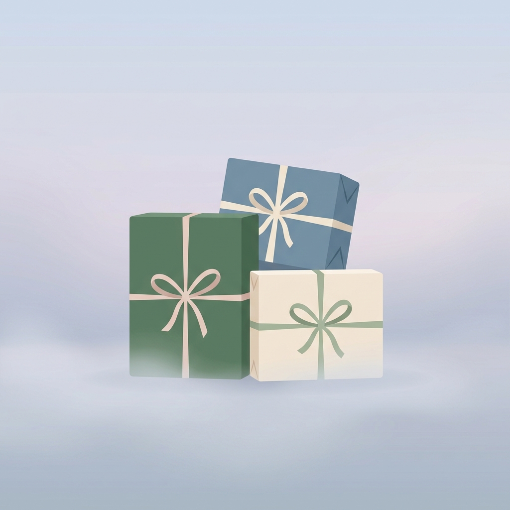 Minimal flat illustration of wrapped gift boxes with ribbons, centered subject with a simple uncluttered composition, misty morning haze, dreamy, 1:1 aspect ratio