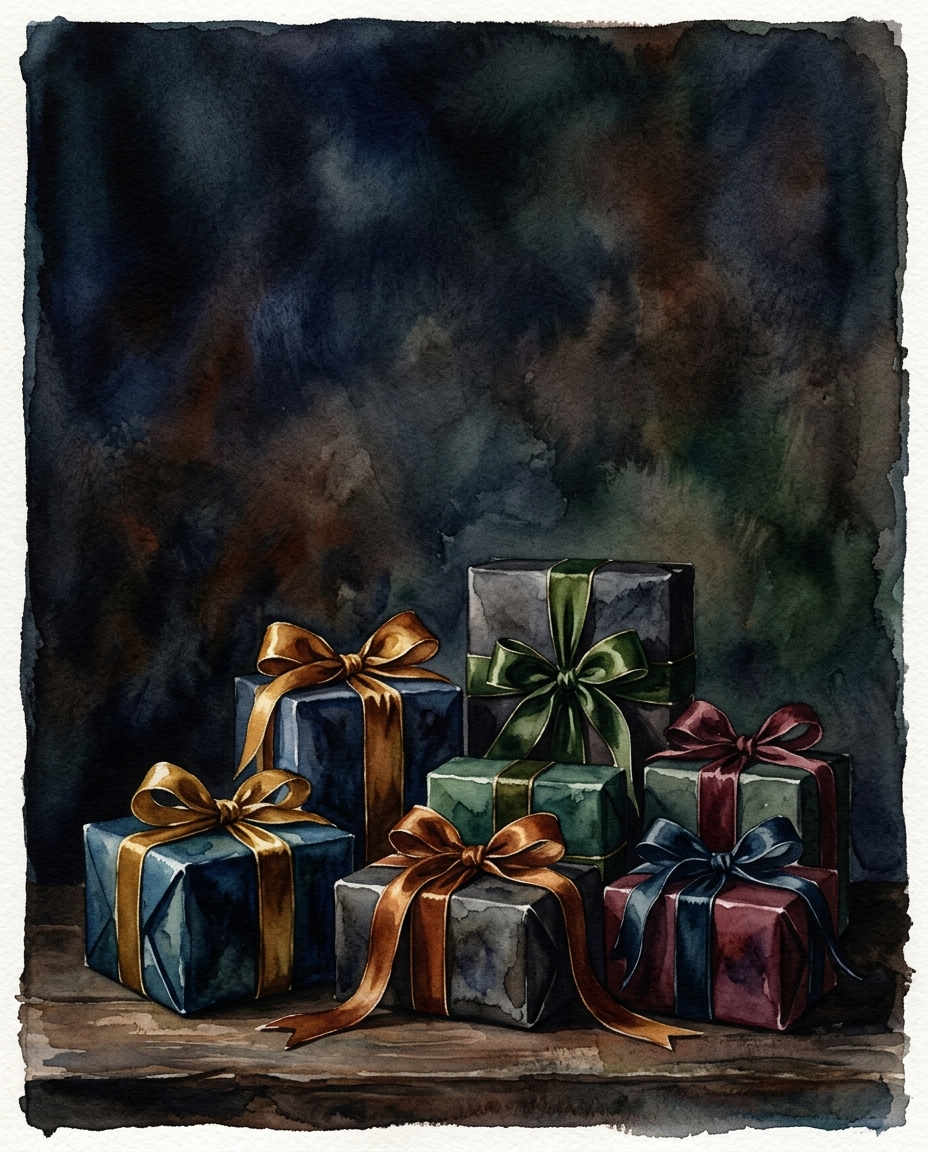 Watercolor illustration of wrapped gift boxes with ribbons, wide shot with open space at the top for text, moody dark tones, dramatic lighting, 4:5 aspect ratio