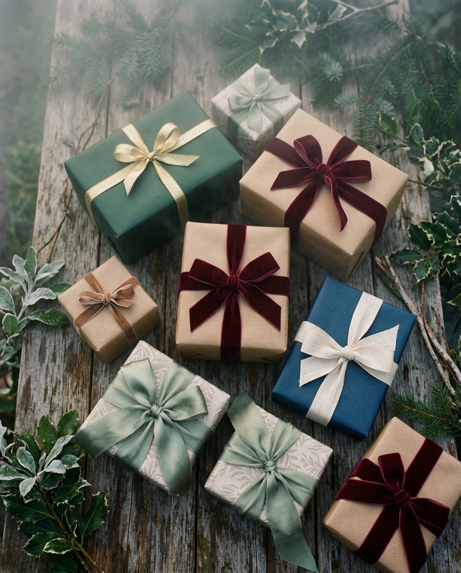 Cinematic film still of wrapped gift boxes with ribbons, high-angle view from above, misty morning haze, dreamy, 4:5 aspect ratio