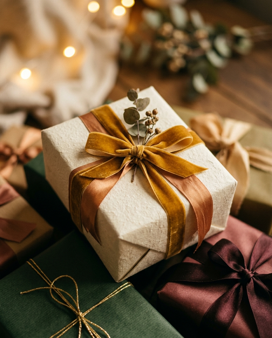 Cinematic film still of wrapped gift boxes with ribbons, close-up detail with shallow depth of field, warm golden light, calm mood, 4:5 aspect ratio