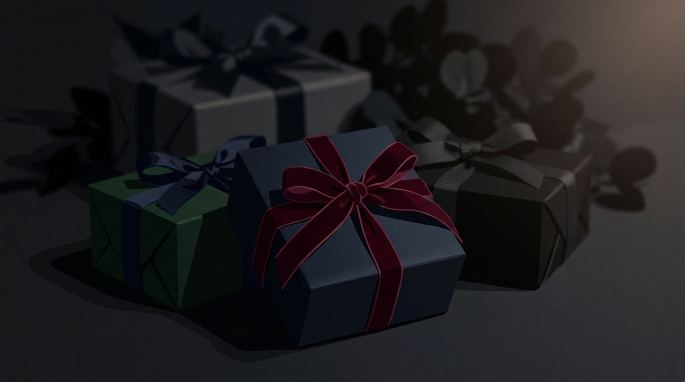 Minimal flat illustration of wrapped gift boxes with ribbons, close-up detail with shallow depth of field, moody dark tones, dramatic lighting, 16:9 aspect ratio