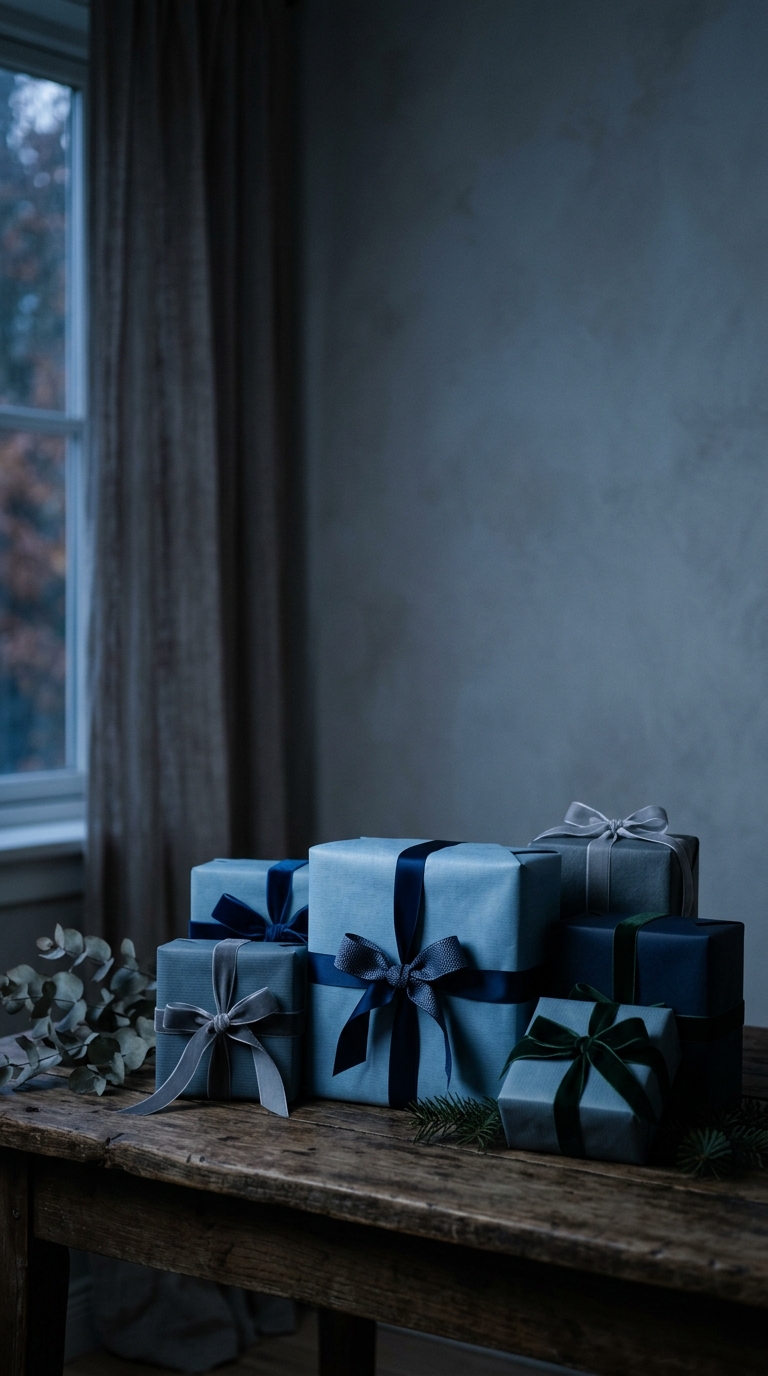 Cinematic film still of wrapped gift boxes with ribbons, wide shot with open space at the top for text, cool blue tones, quiet atmosphere, 9:16 aspect ratio