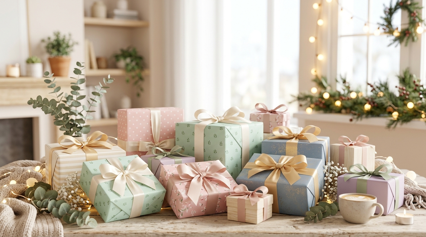 Soft 3d render of wrapped gift boxes with ribbons, wide shot with open space at the top for text, soft pastel colors, bright and cozy, 16:9 aspect ratio