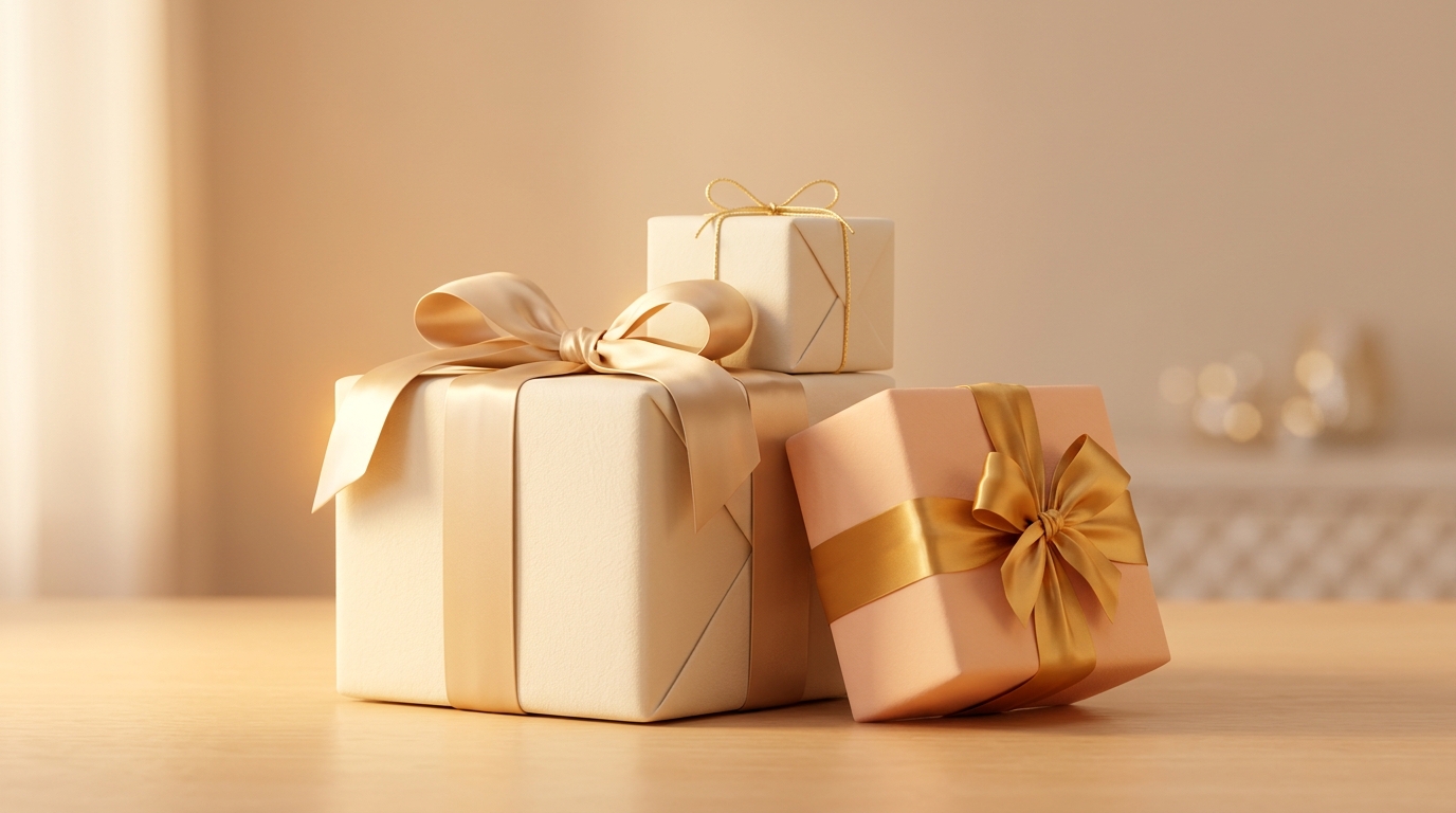 Soft 3d render of wrapped gift boxes with ribbons, centered subject with a simple uncluttered composition, warm golden light, calm mood, 16:9 aspect ratio