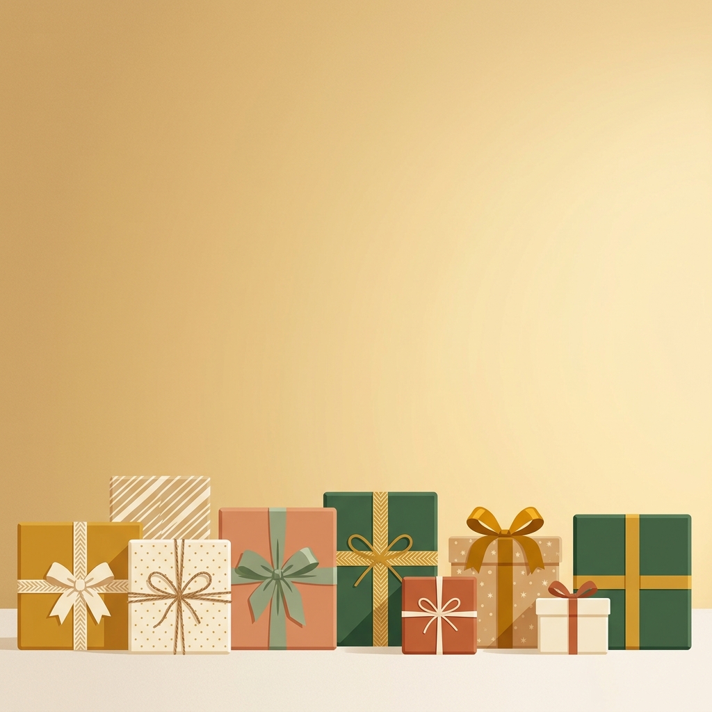 Minimal flat illustration of wrapped gift boxes with ribbons, wide shot with open space at the top for text, warm golden light, calm mood, 1:1 aspect ratio